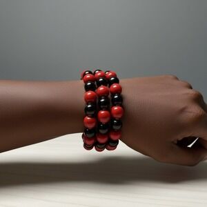 Hematite & Red Bead Memory Wire Wrap Bracelet Gold Tone Stack Statement
